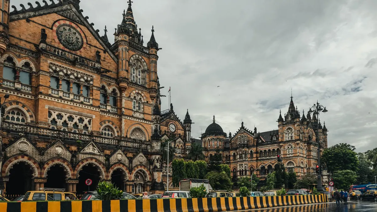Rainy day view of Chhatrapati Shivaji Terminus, a UNESCO World Heritage Site in Mumbai, India.