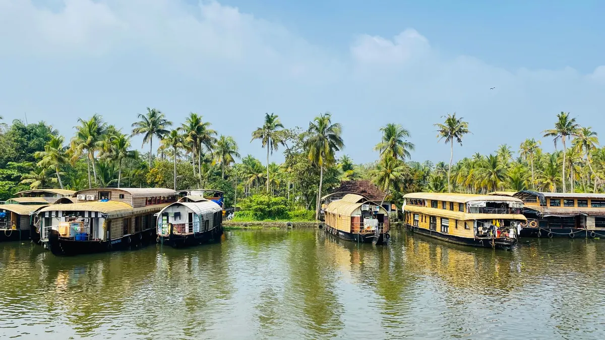 Serene view of houseboats on Kerala's lush backwaters under a bright sky.