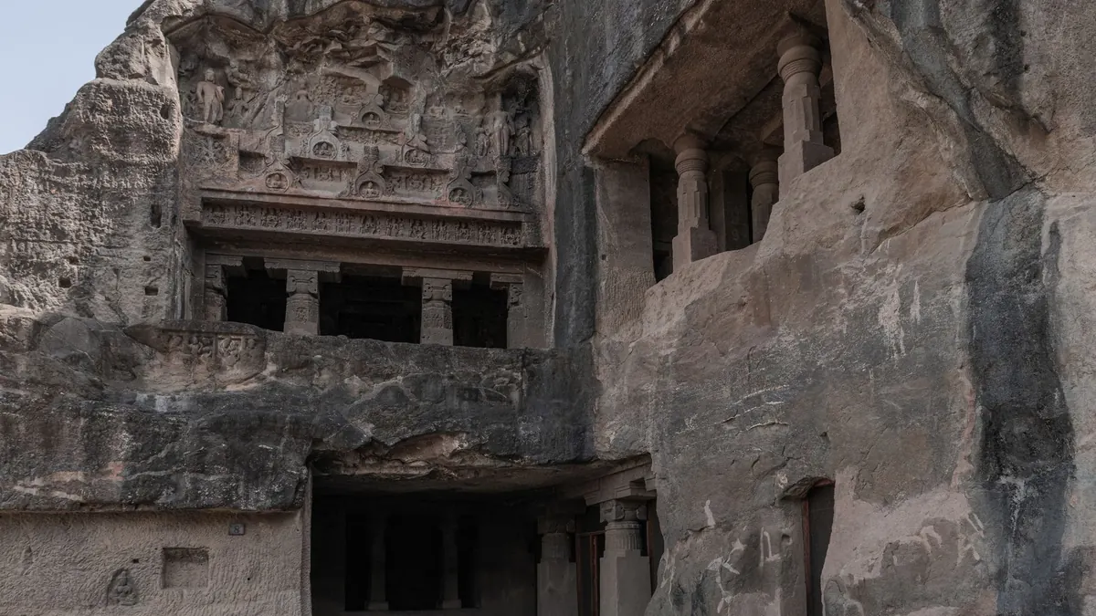 Discover the intricate rock-cut architecture of the ancient Ellora Caves in Maharashtra, India.