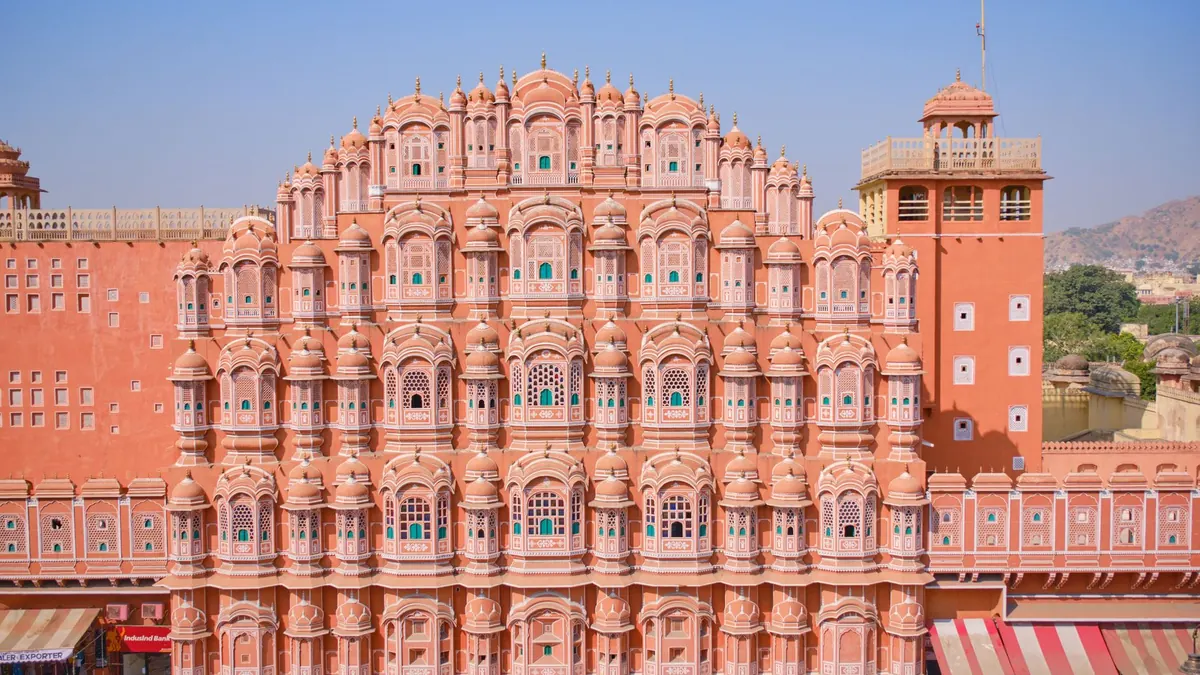 Capture of the iconic Hawa Mahal facade, showcasing intricate architecture in Jaipur, India.