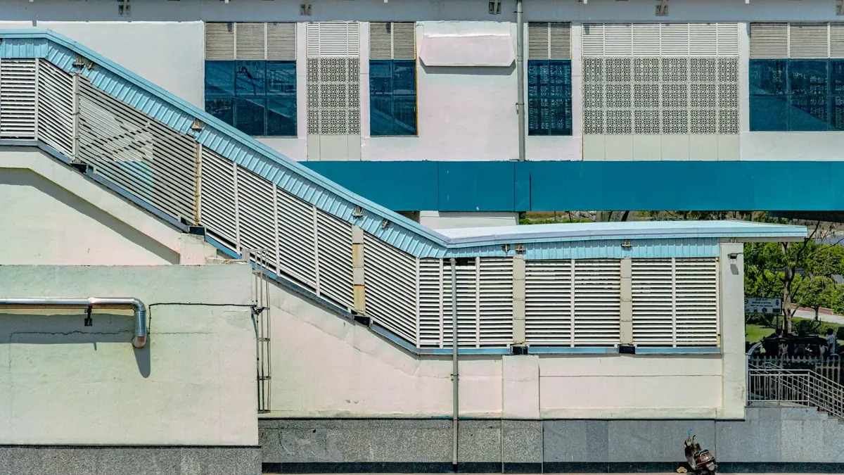 Highlighted structural elements of the Delhi Metro station showcasing urban design.
