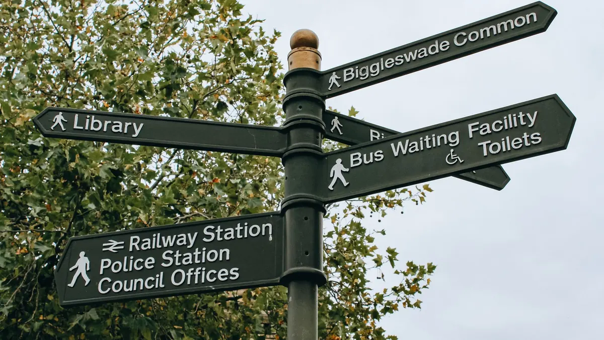 From below poled signpost placed near lush green tree and showing direction to city facilities in daylight