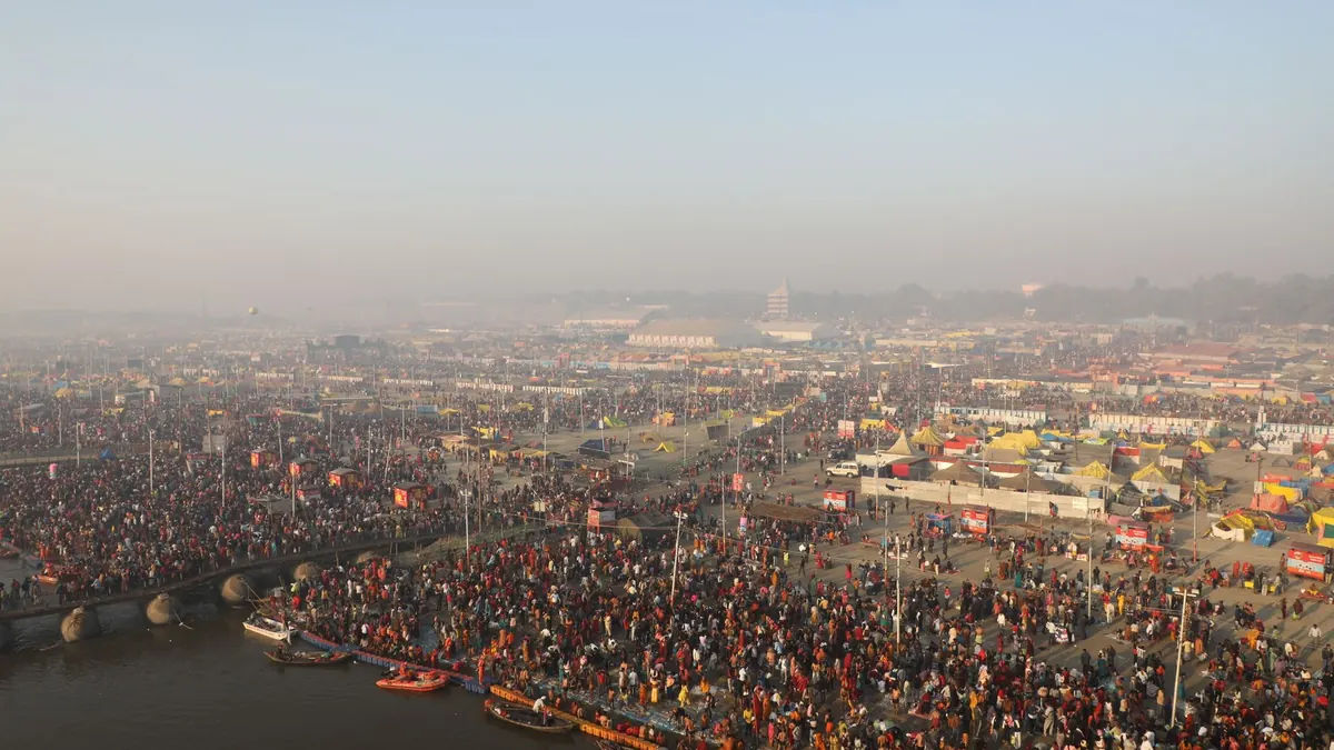 Crowds gathered on the banks of the Ganges during a religious festival