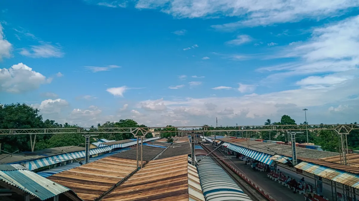 A scenic aerial view of railway station platforms and tracks in Kolkata, India.