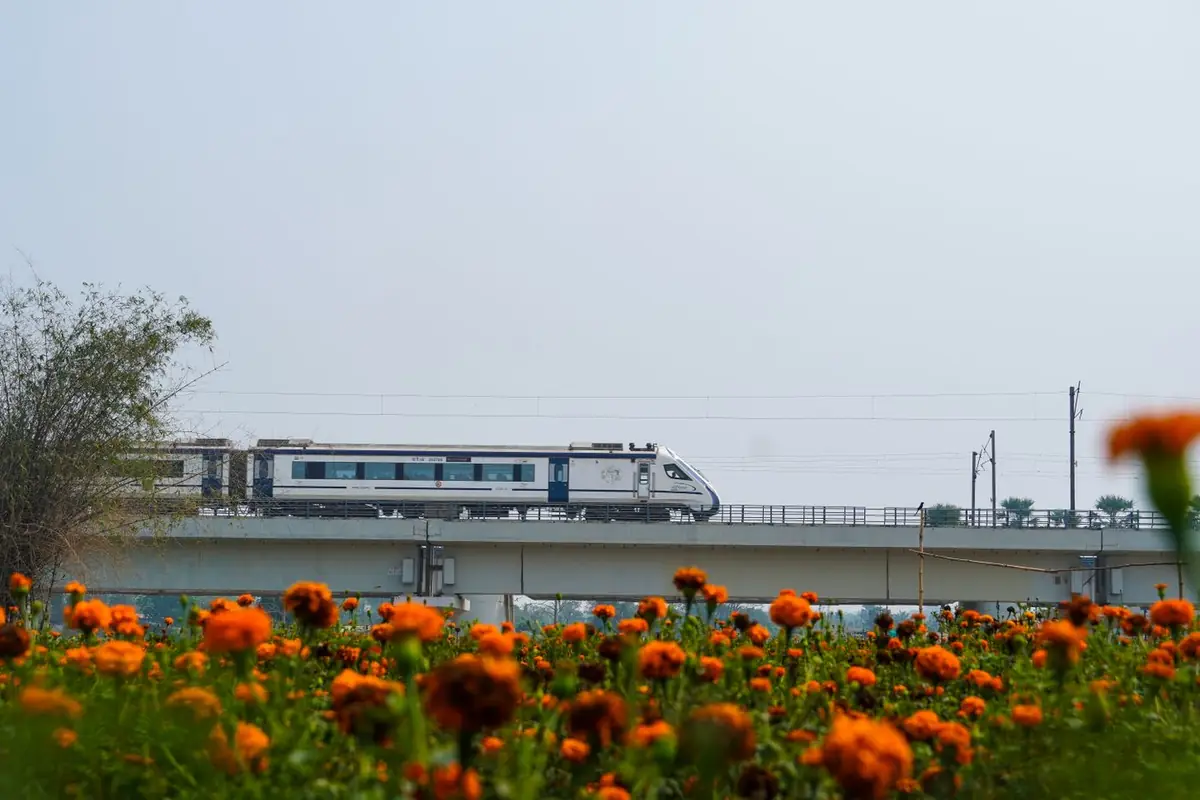 A modern semi high speed train crossing a bridge
